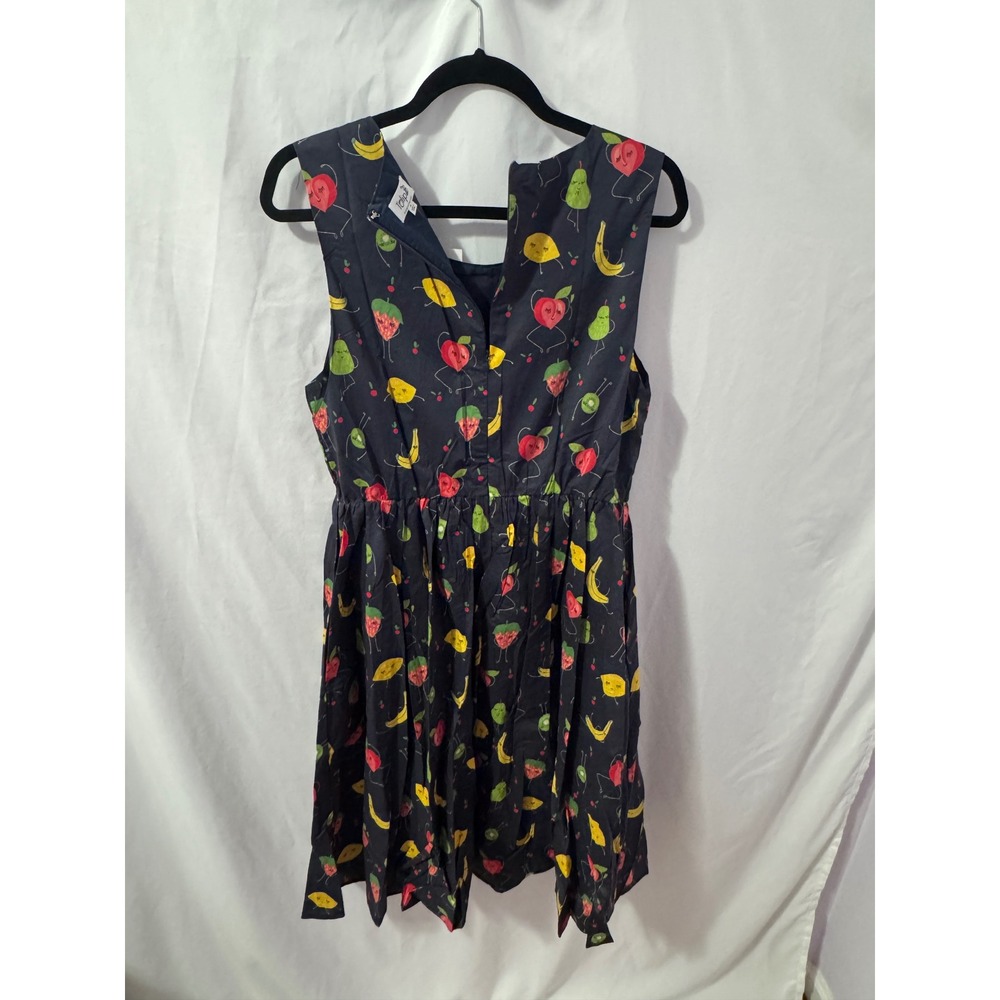 Tulip B Dancing Fruit Print Dress Womens Medium Navy Blue Novelty Fit Flare NWT - Picture 2 of 10